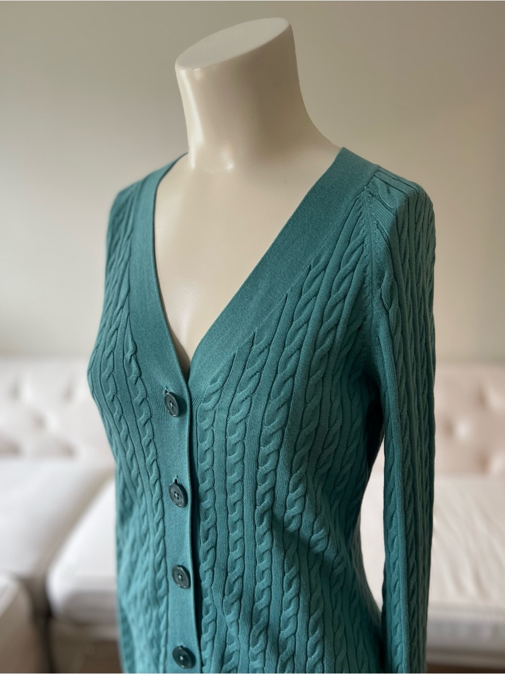 Talbots Classic Cable Knit Cardigan Sweater Green Blue Preppy Classic